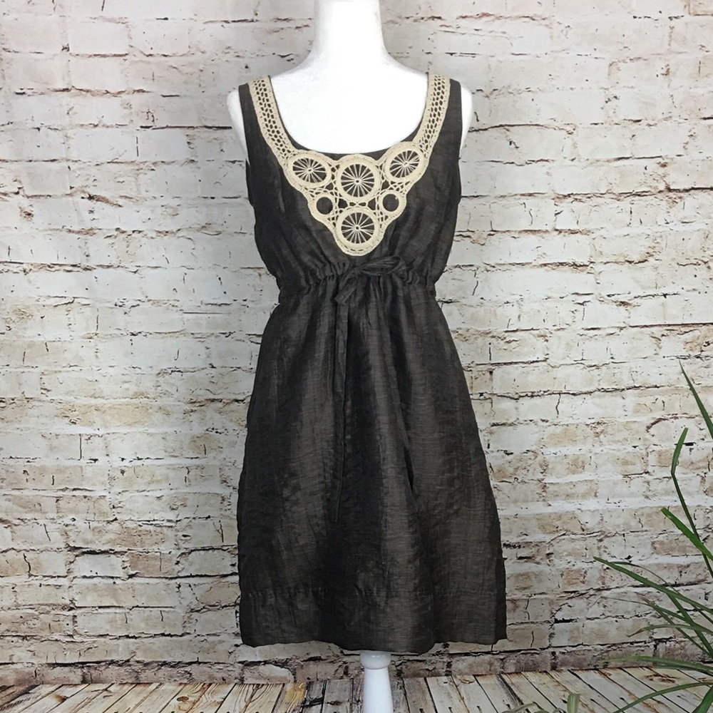Suzi Chin Maggie Boutique Brown Linen Dress Pocket